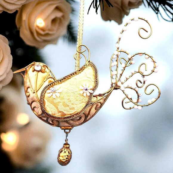 Victorian Bird Ornament Tapestry Gold Beaded Frame Rhinestone Flowers Drop Bead - Picture 1 of 9